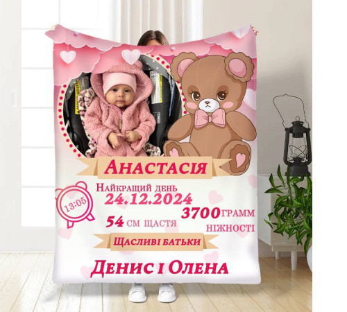 Персоналізований 3D-плед з метрикою Метрика для дівчинки 1 фото 3512_C 16149, 80х100 см