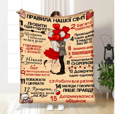 Подарунковий 3D-плед з побажаннями "Правила нашої сім'ї №6" 15679, 135х160 см